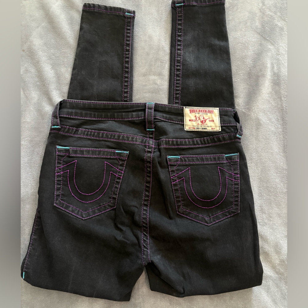 True Religion Black Jeans with Purple Stitching